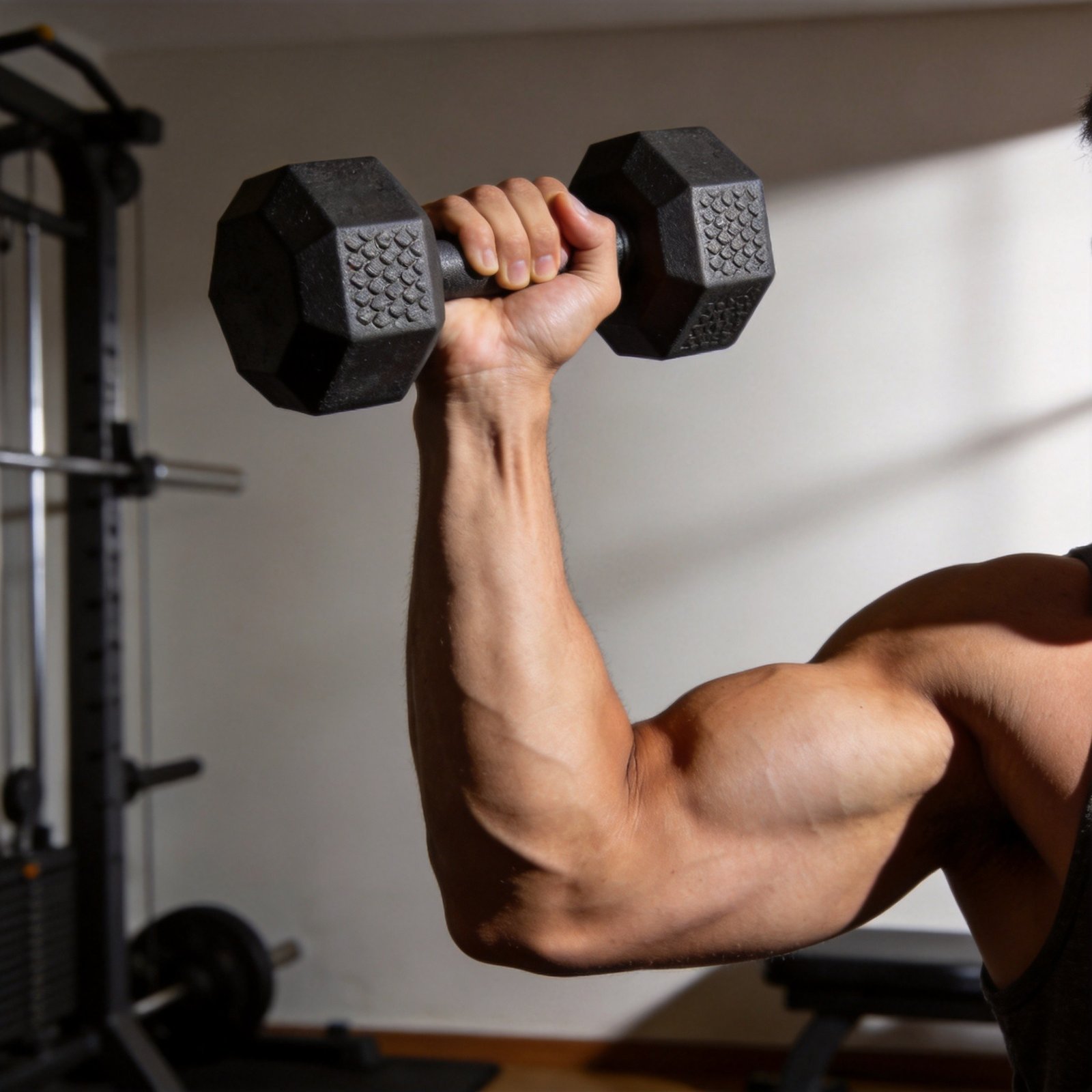 Person performing bicep curls with hexagonal rubber dumbbells at home gym