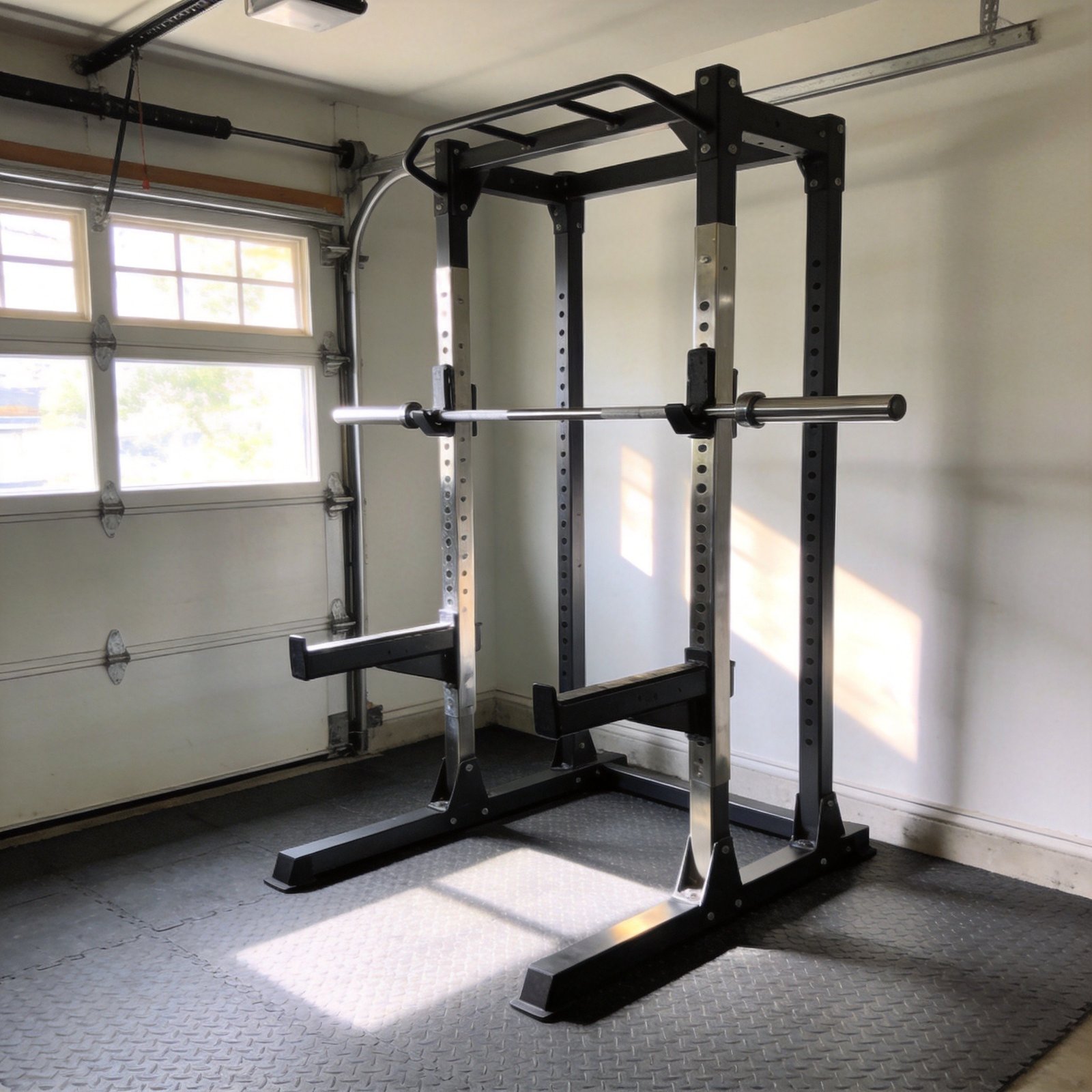Modern home gym featuring squat power rack with safety bars and pull-up bar