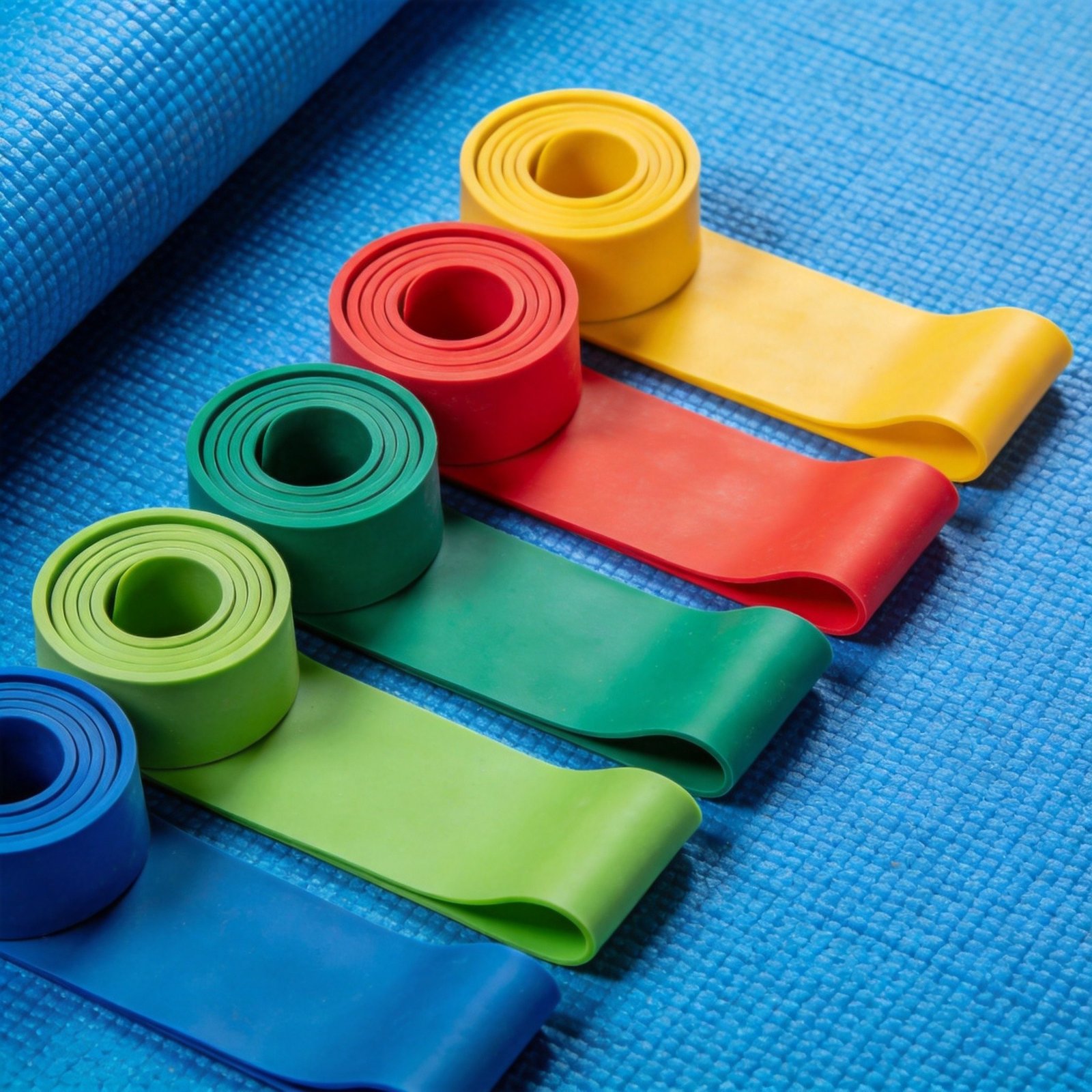 Colorful resistance bands showing different resistance levels for home fitness